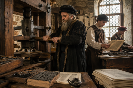 Gutenberg operating the printing press — made with AI