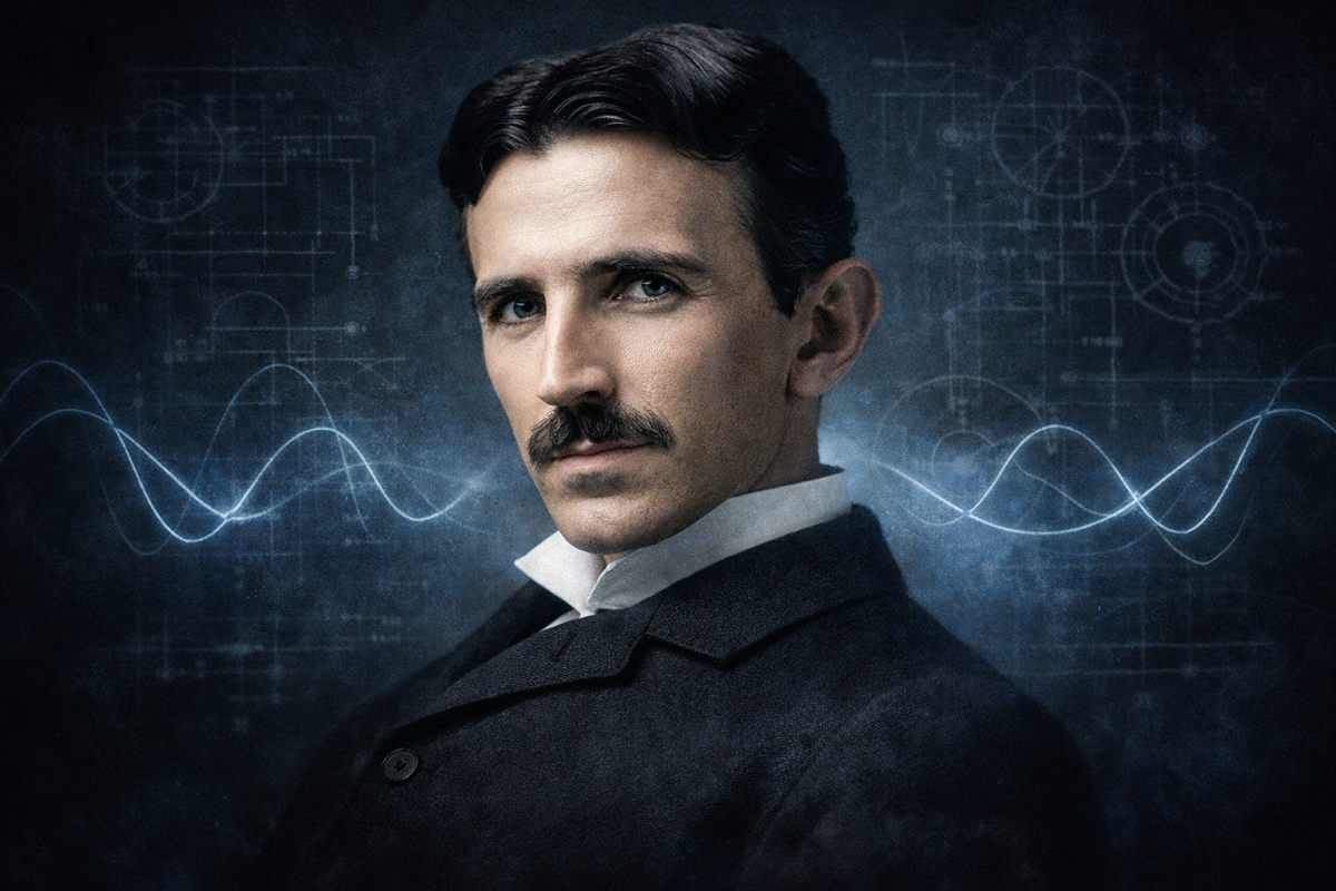 Portrait of Nikola Tesla with an electrical glow