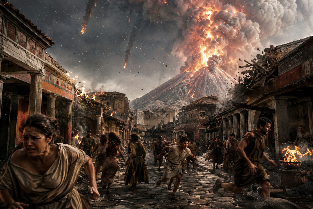 Mount Vesuvius erupting over ancient Pompeii