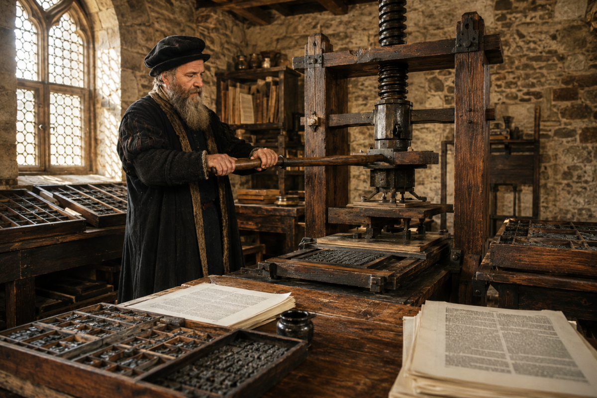 Johannes Gutenberg working with a 15th-century printing press