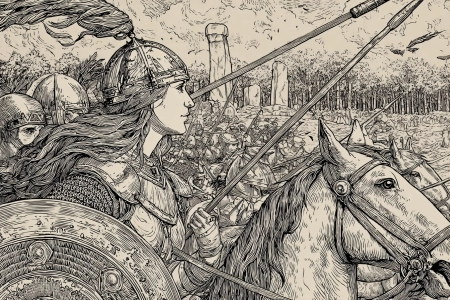 Illustration of Boudica in battle made with AI