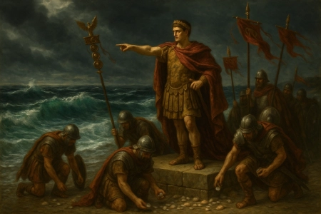 AI-generated illustration of Caligula ordering soldiers to collect seashells