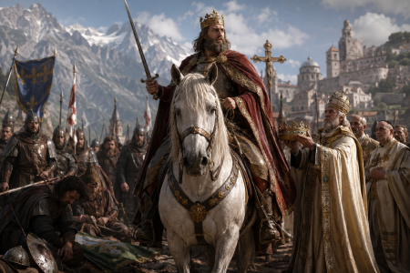 Charlemagne after defeating the Lombards in 774 CE made with AI