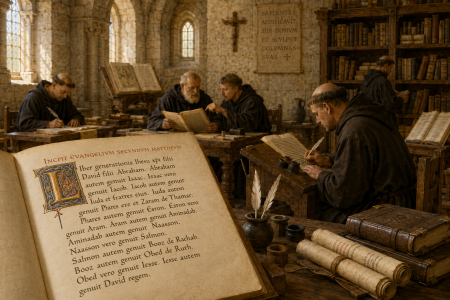 Monks copying manuscripts during the Carolingian Renaissance made with AI