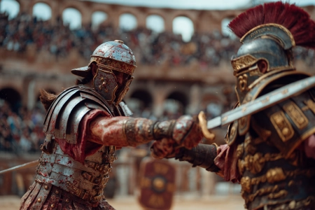 Image made with AI of a gladiator fight in the Roman Colosseum