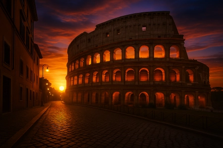 Image made with AI of the Roman Colosseum at sunset