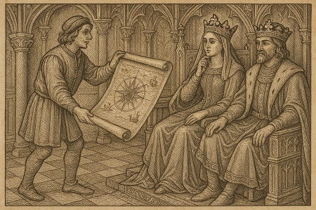 AI-generated illustration of Columbus presenting his services to the Spanish court
