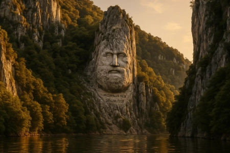 Image made with AI: Decebalus's rock sculpture at Orșova