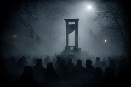 Guillotine execution scene in Paris, made with AI