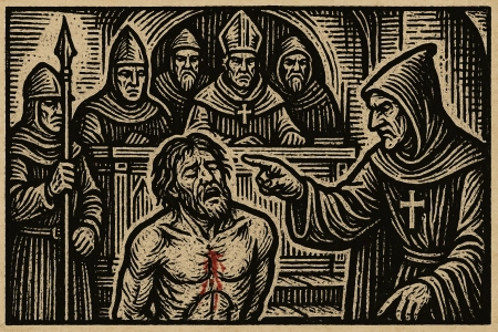 Illustration made with AI of an Inquisition tribunal from a medieval woodcut