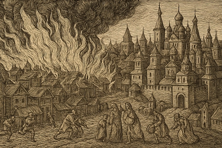 Illustration of Moscow fire in 1547 made with AI