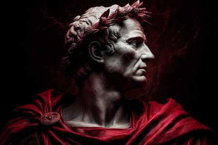 Julius Caesar portrait in deep red tones - Image made with AI