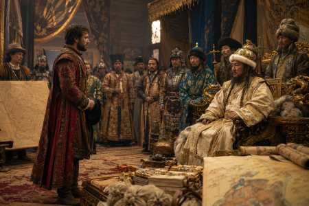 Marco Polo stands before Kublai Khan — image made with AI