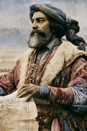 Portrait of Marco Polo with a map — image made with AI