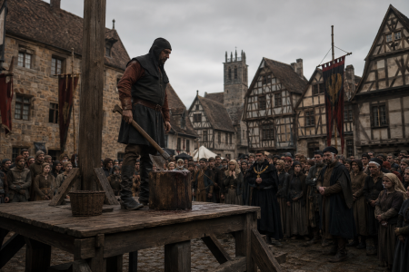 Executioner in a medieval town center - made with AI