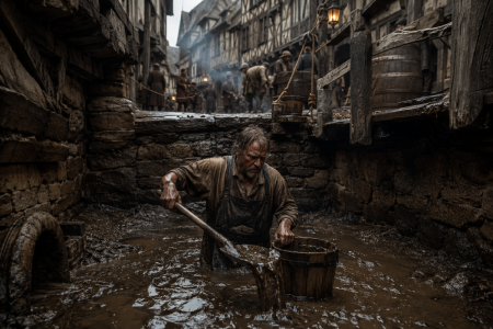 Cesspit cleaner performing dirty work in a medieval European town - made with AI
