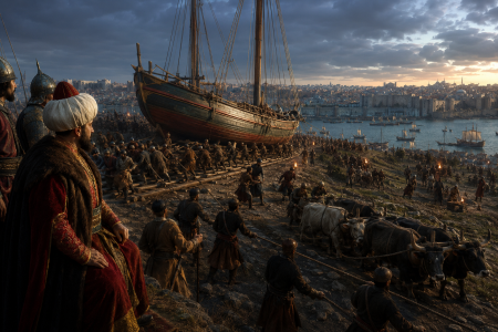 Mehmed II's ships moved over land — made with AI