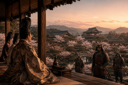 Courtly gathering at sunset in Japan made with AI