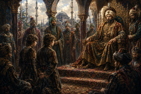 Vlad Dracul and Radu before the Sultan — image made with AI