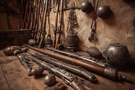 15th-century war room with cannons and gunpowder weapons, made with AI