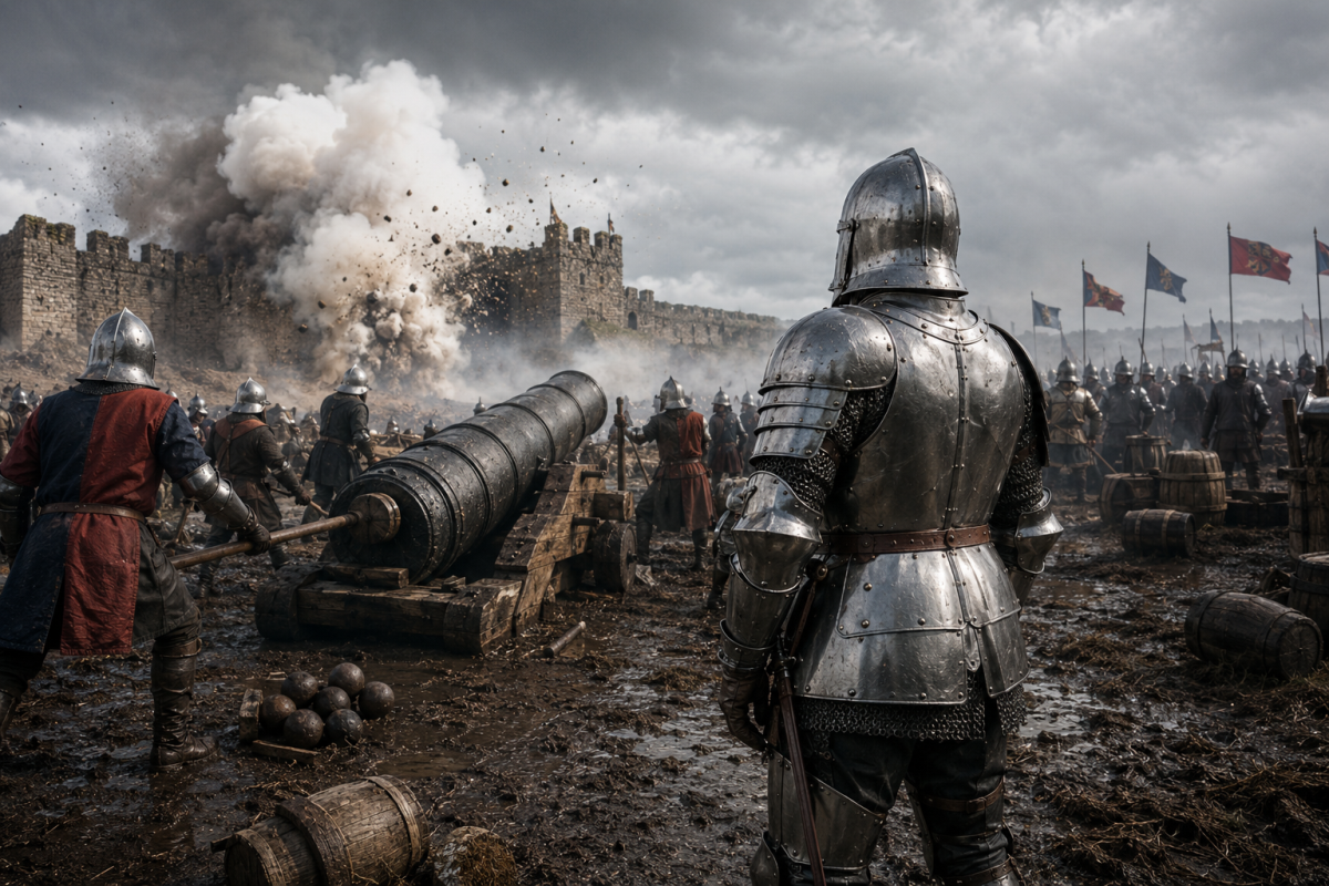 Medieval knights and cannons on a battlefield