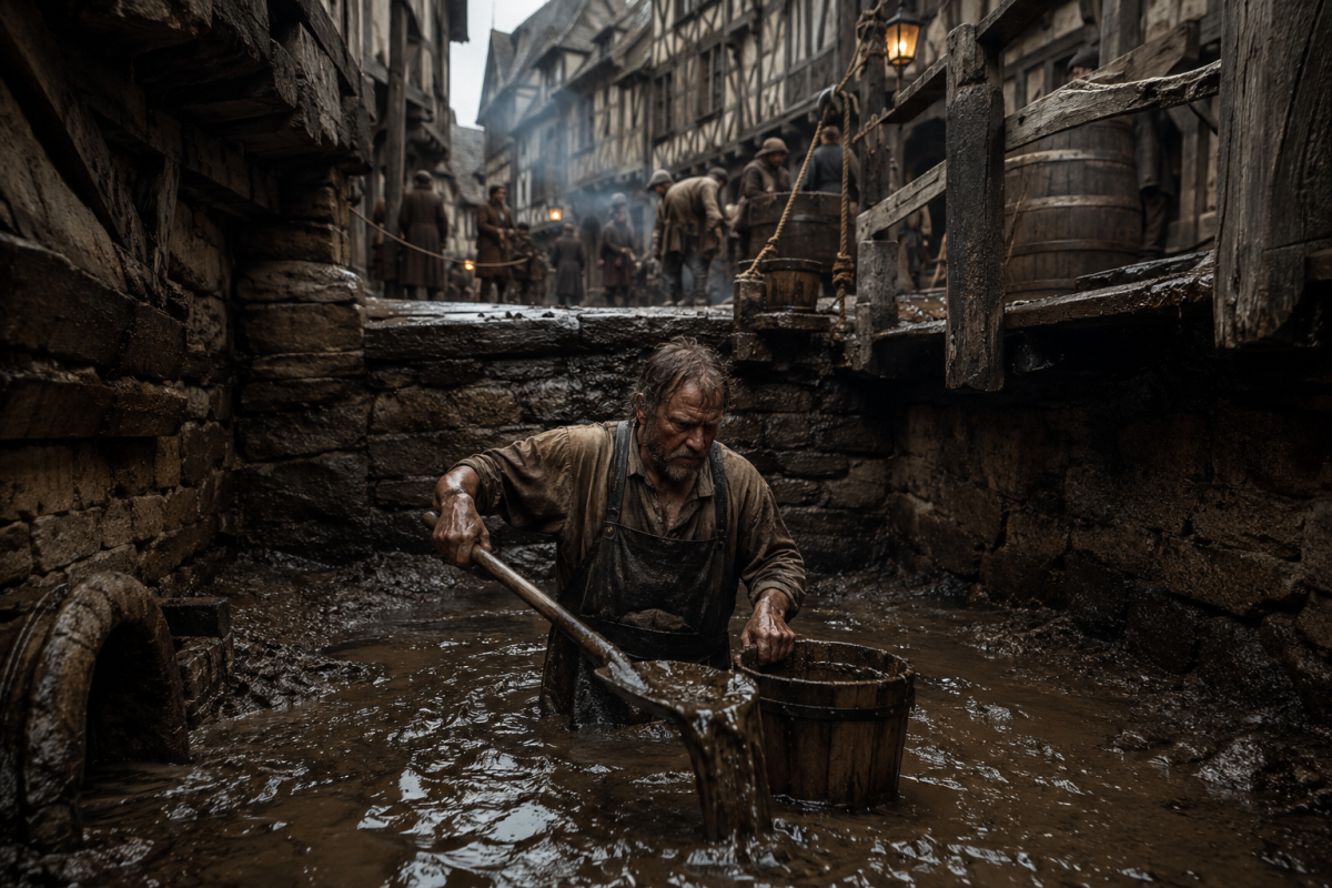 Medieval gong farmer performing one of medieval Europe&rsquo;s dirtiest jobs