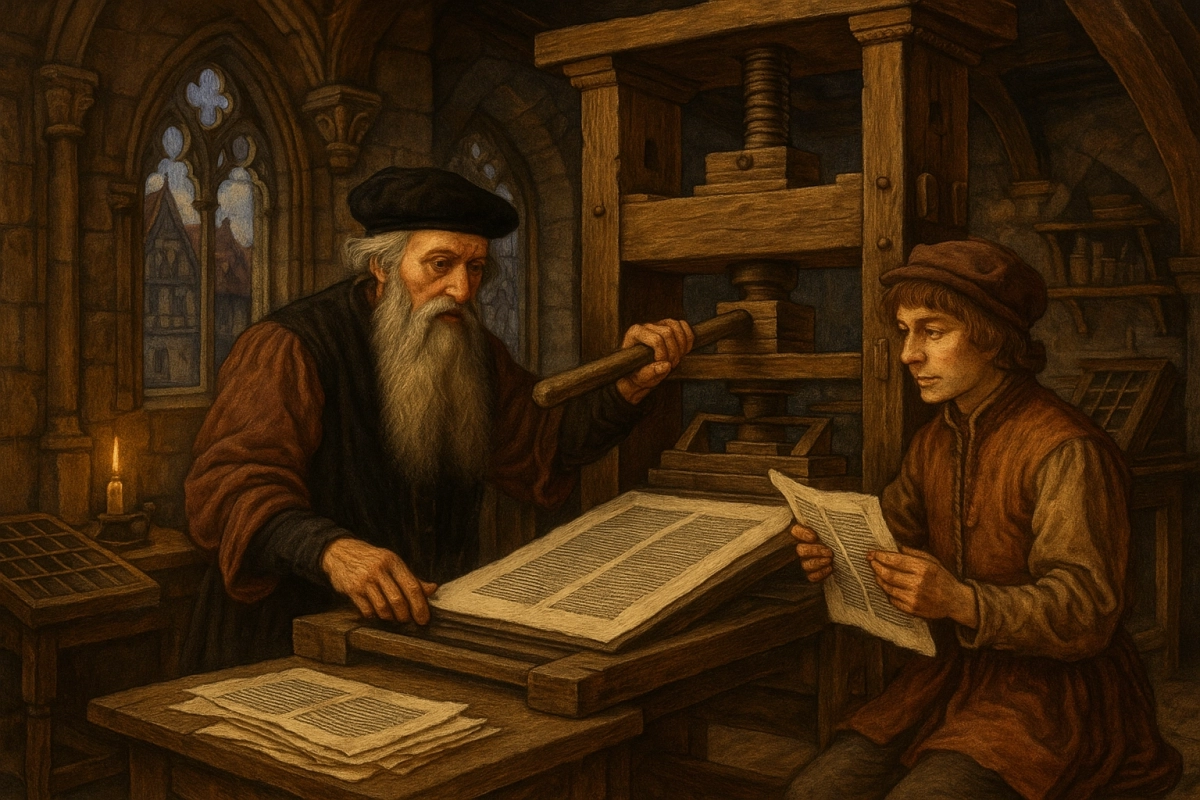AI-generated Illustration of Gutenberg operating the Printing Press