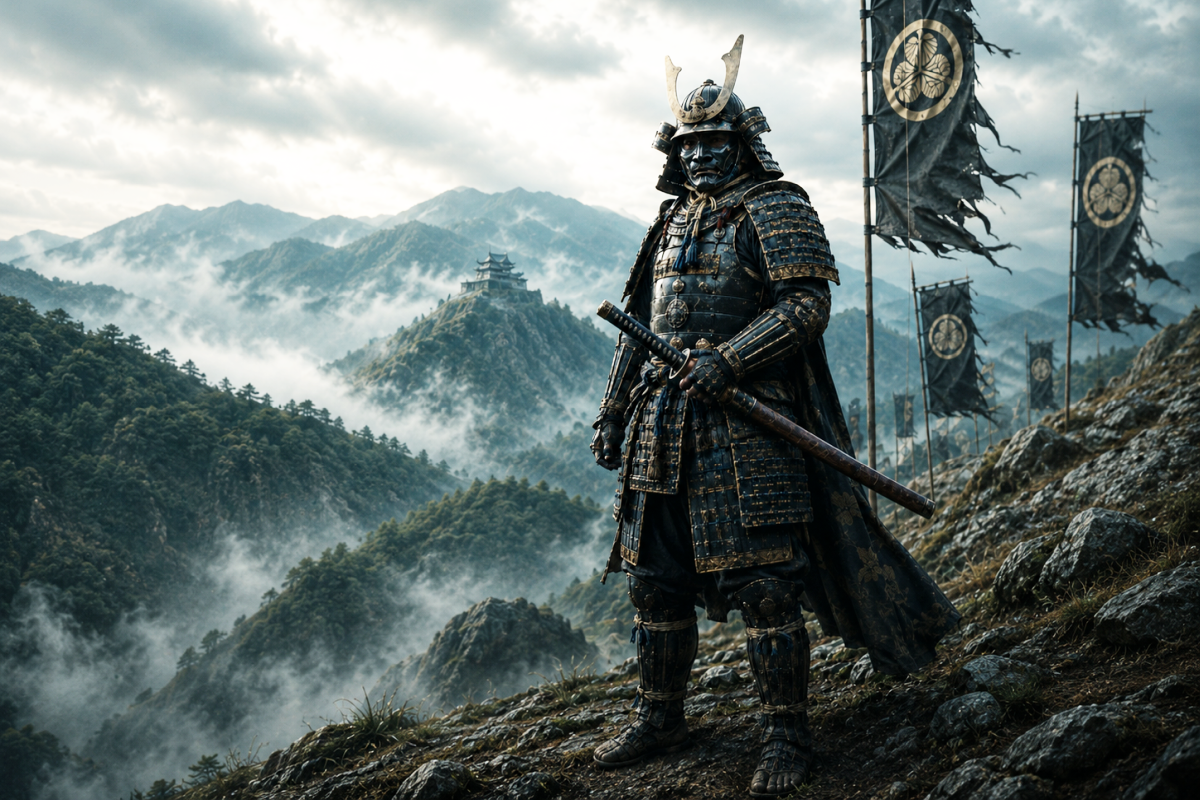 Samurai warrior in misty mountains of Japan