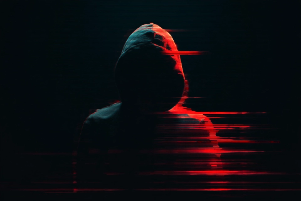 Hooded hacker silhouette with digital glitch effects