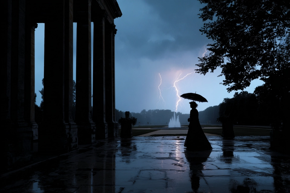Aristocratic woman standing beneath a colonnade during a thunderstorm
