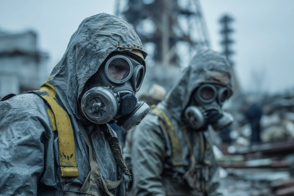 Workers clearing radioactive debris at the Chernobyl nuclear plant